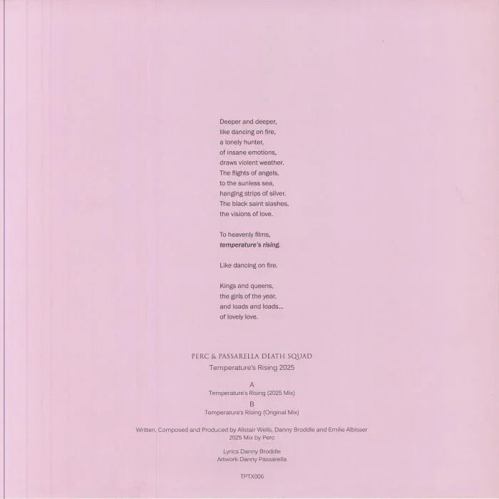 Light pink album cover for Perc & Passarella Death Squad's 'Temperature's Rising 2025' with lyrics and track details.