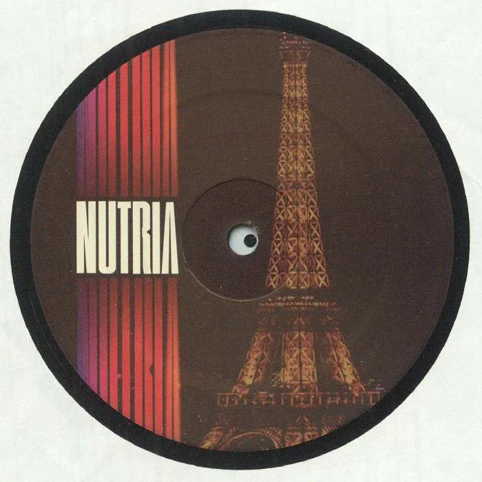 Nutria vinyl record with Eiffel Tower design and colorful striped background