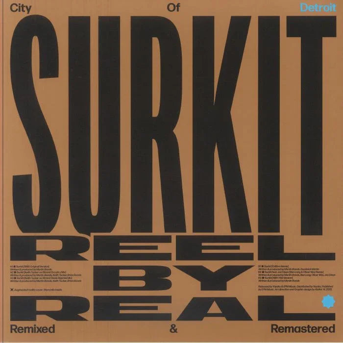 Reel By Real Surkit Detroit techno record cover, bold typography, remixed and remastered edition