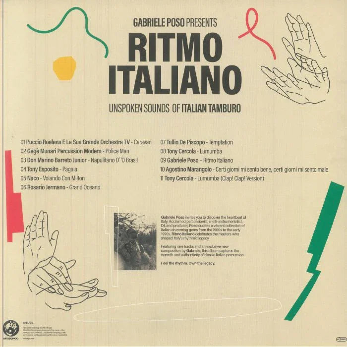 Ritmo Italiano album cover featuring tracklist, hand illustrations, and colorful abstract lines