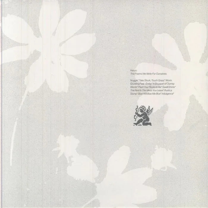 Vinyl record cover with abstract white floral design, grey background, and small lion graphic.