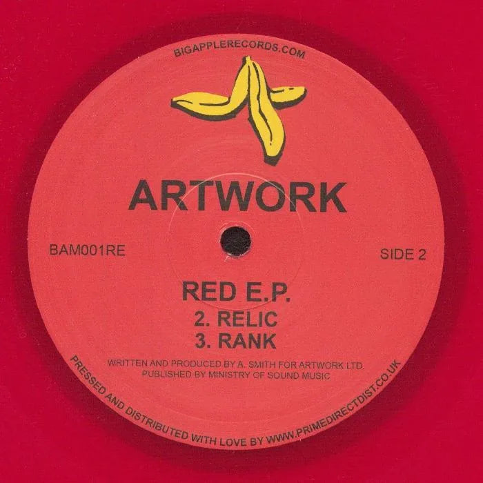 Red vinyl record label for Artwork Red E.P. with banana graphic and tracklist.