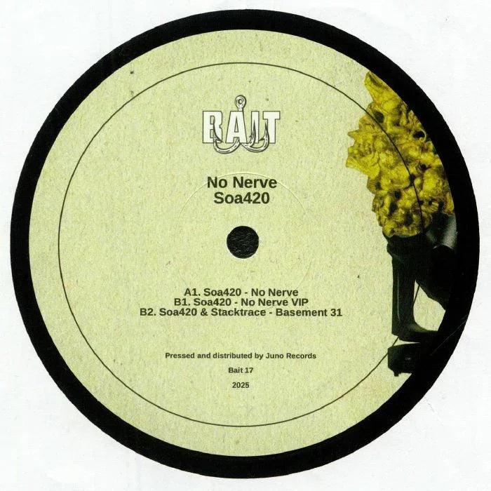 Soa420 No Nerve vinyl record label with tracklist and abstract yellow sculpture art