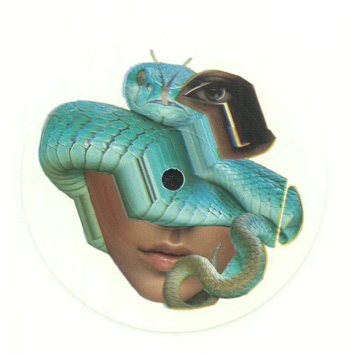 Surreal record label art with turquoise snake, human face, and eye collage design