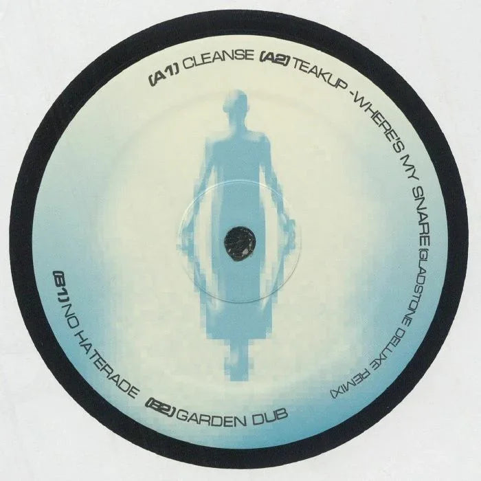 Vinyl record with blue abstract humanoid silhouette and tracklist text around the label edge
