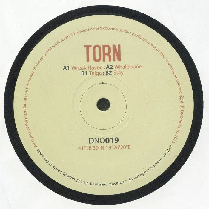 Torn vinyl record label with tracklist, catalog number DNO019, black outer edge