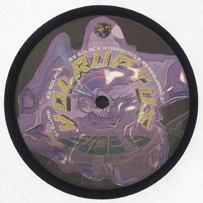 Purple vinyl record with distorted text and psychedelic artwork on the label