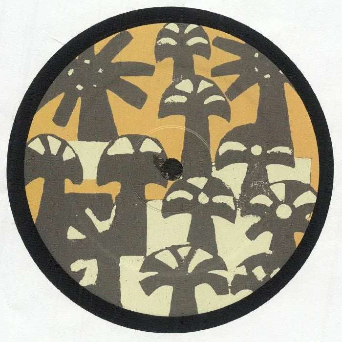 Vinyl record with abstract mushroom and palm tree graphic, brown and yellow design