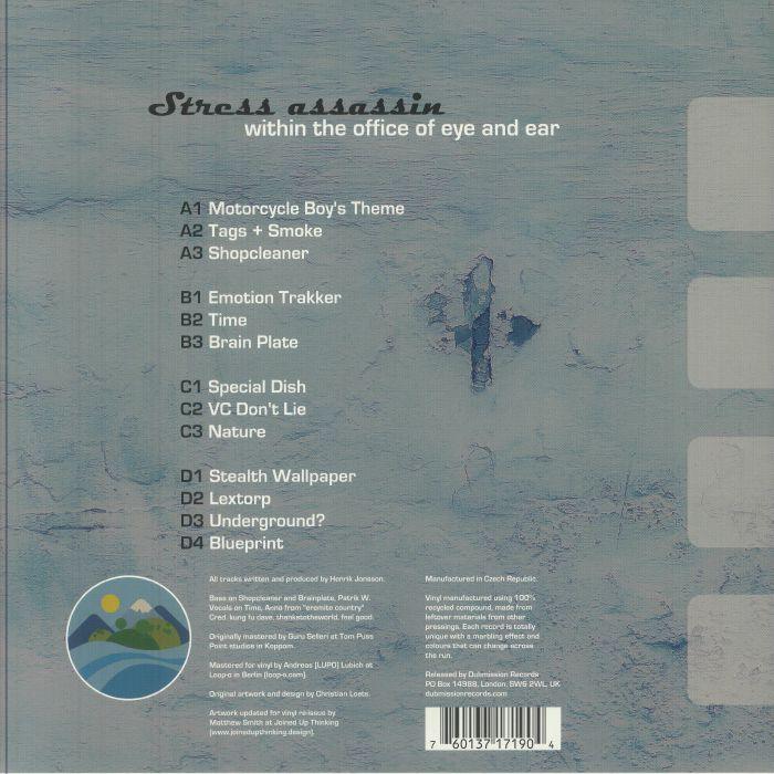 Back cover of vinyl record 'Stress Assassin - within the office of eye and ear' with tracklist on textured blue background.