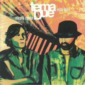 Abstract album cover with two illustrated men, bold colors, and stylized text 'tema due'.