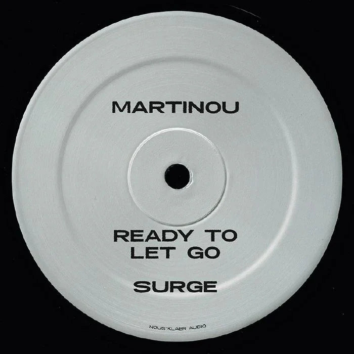 Close-up of a vinyl record labeled Martionou Ready To Let Go Surge on white background