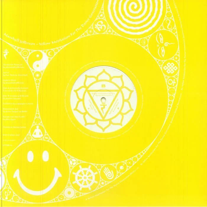 Yellow vinyl record cover with chakra symbol, smiley face, and spiritual icons