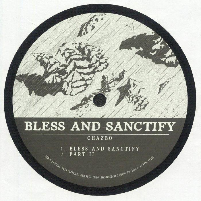 Chazbo Bless and Sanctify vinyl record label with tracklist and abstract cloud artwork