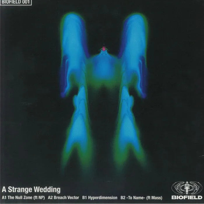 Abstract blue and green biofield artwork on black, A Strange Wedding record cover