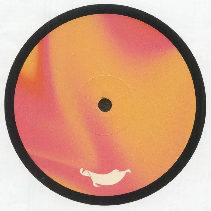 Vinyl record with orange and pink gradient label and abstract white logo