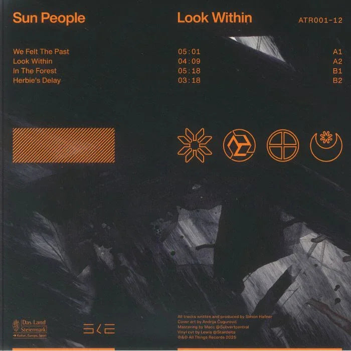 Sun People Look Within vinyl album cover with abstract black background, orange graphics, tracklist, and symbols.