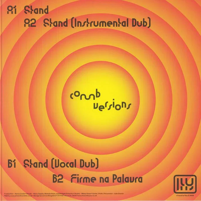 Vinyl record cover with yellow-orange concentric circles and track titles Stand and Firme na Palavra.