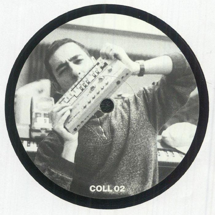 Black and white vinyl record label featuring person holding drum machine, text COLL 02