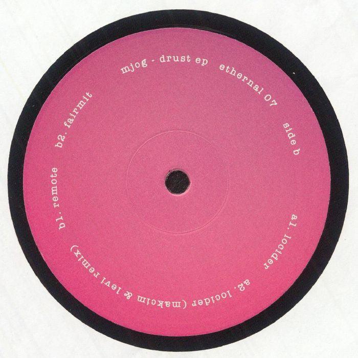 Pink vinyl record label featuring tracklist and artist names in white text, minimalist design