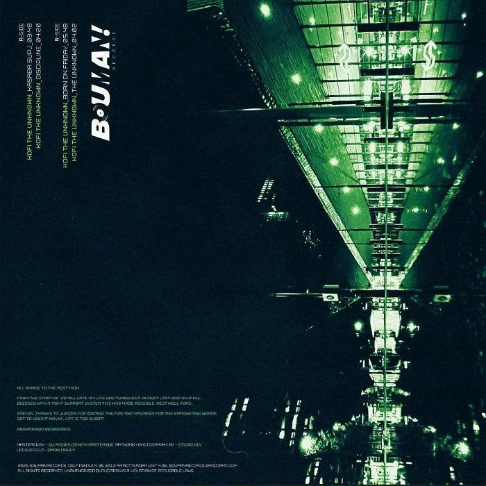 Moody green-tinted night cityscape with reflections and lights, electronic music album cover