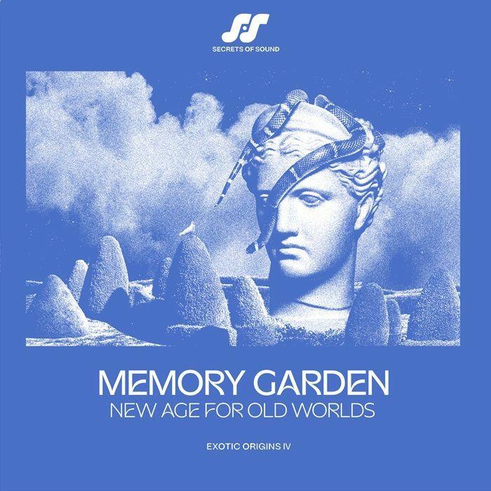 Vinyl album cover with classical statue head, serpent, surreal landscape, Memory Garden title.