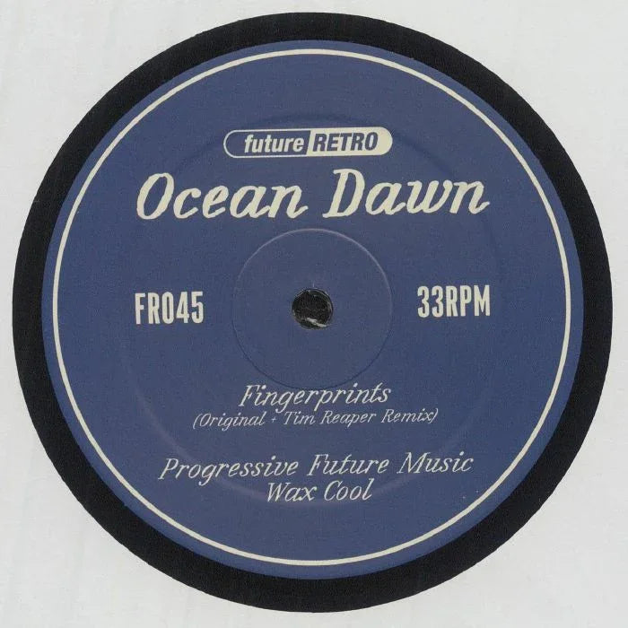 Ocean Dawn Fingerprints vinyl record label, blue with white text, Future Retro, 33RPM, FR045