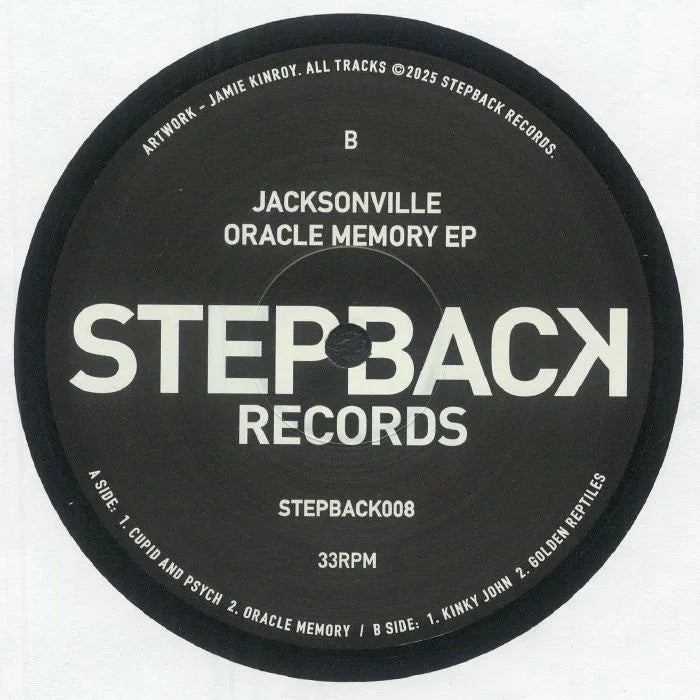 Stepback Records vinyl label for Jacksonville Oracle Memory EP, black and white design, 33RPM
