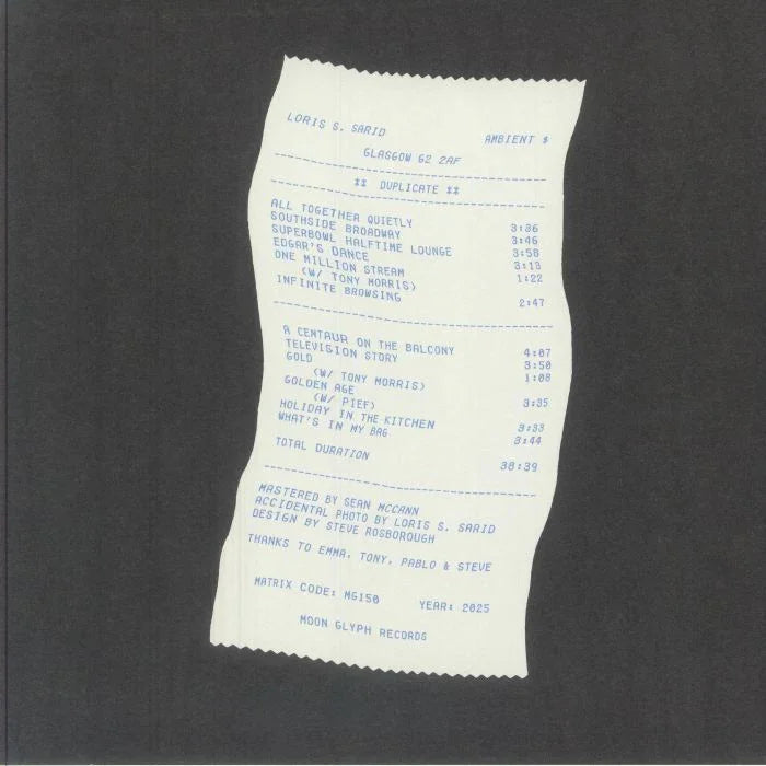 Album tracklist printed on a white receipt slip on a dark background, Moon Glyph Records
