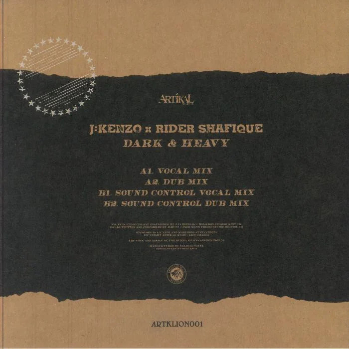 J:Kenzo x Rider Shafique Dark & Heavy vinyl record cover with tracklist and bold text design.