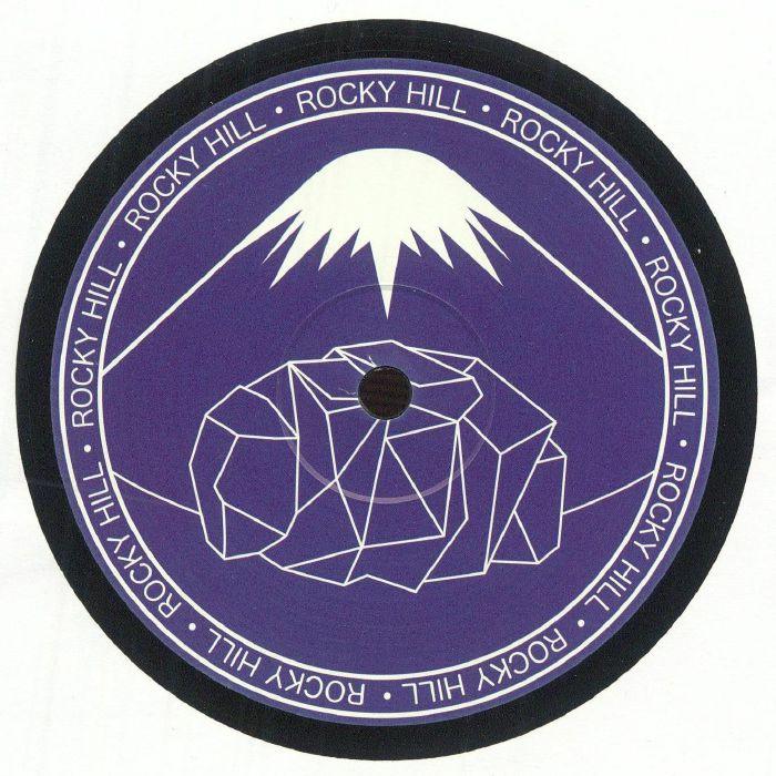 Purple vinyl record label with geometric mountain and rock design, text Rocky Hill.