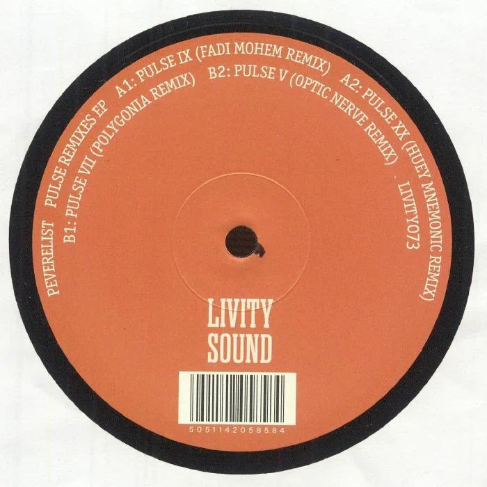 Livity Sound vinyl record labeled with tracklist and barcode, orange center label.