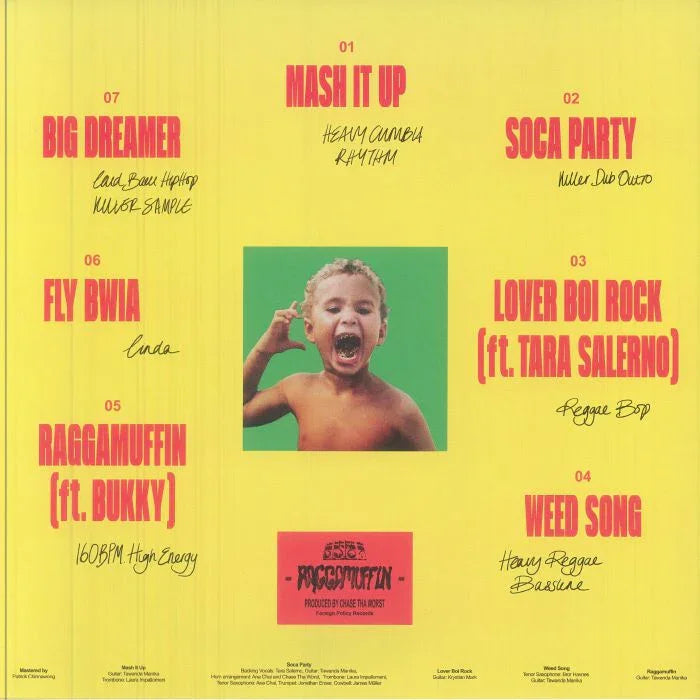 Yellow album cover with child shouting, tracklist in red and black text, reggae and hip hop themes