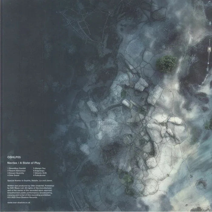 Aerial view of cracked, textured ground with sparse green vegetation, moody album cover.