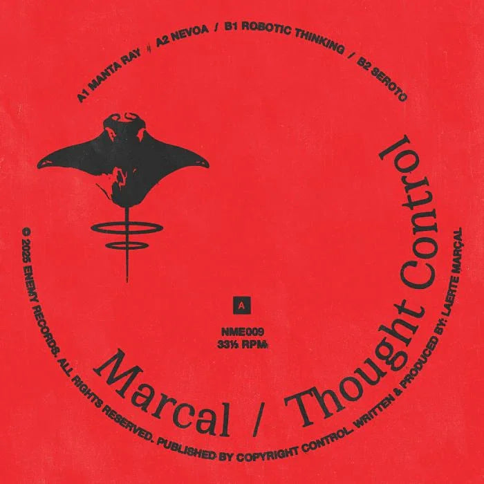 Red vinyl record cover with black manta ray illustration, Marcal Thought Control text, tracklist circular.