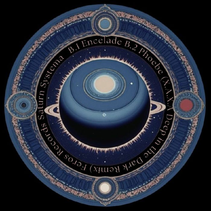 Artistic circular design depicting Saturn with rings and moons Enceladus and Phoebe, labeled with text