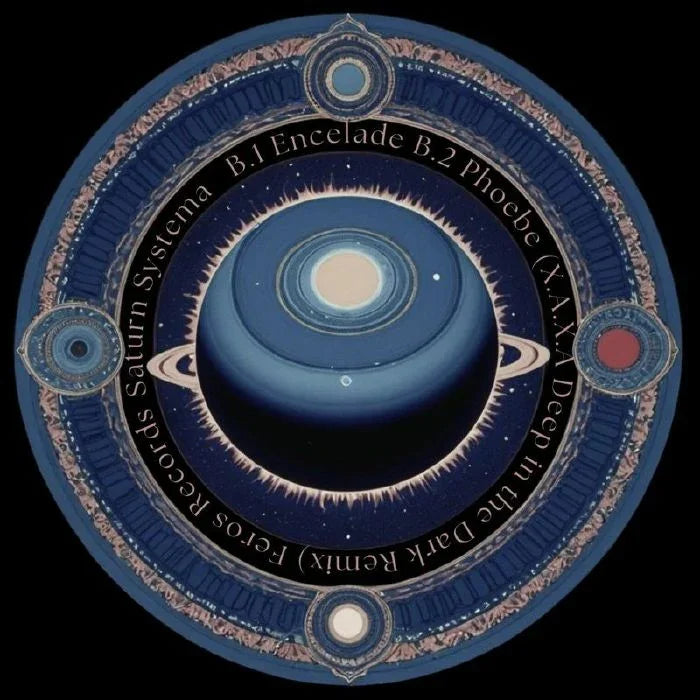 Vinyl record with Saturn artwork, celestial design, and tracklist text around the label