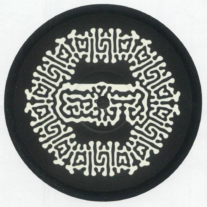 Black vinyl record with abstract white geometric pattern label design