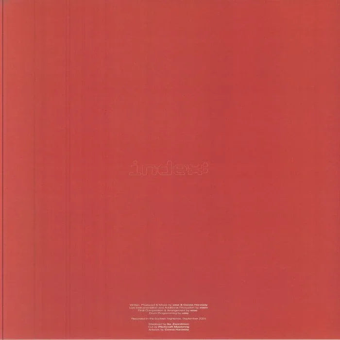 Minimalist red album cover with faint embossed text and small white credits at bottom.
