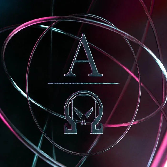 Vinyl album cover with silver Alpha Omega symbol and abstract neon lines on dark background