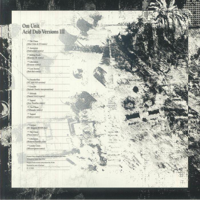 Om Unit Acid Dub Versions III album cover with abstract black and white design and tracklist.