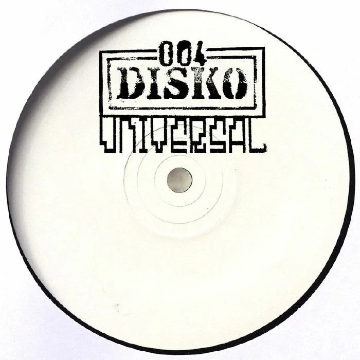 White vinyl record labeled 004 Disko Universal with black stamped text.