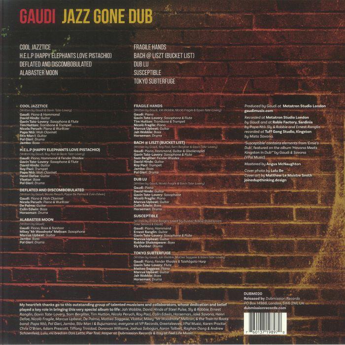 Jazz Gone Dub album tracklist on a brick wall background with yellow and red text.
