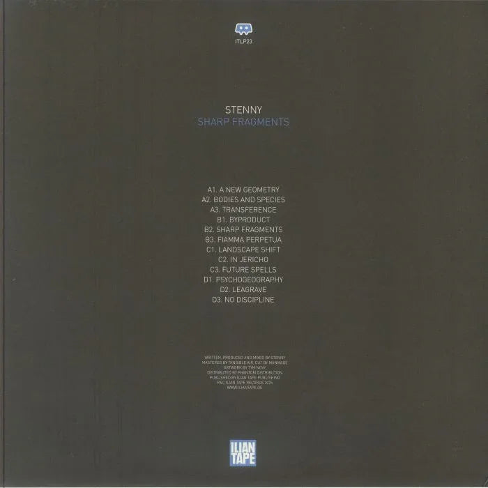 Stenny Sharp Fragments album back cover with tracklist on dark background, Ilian Tape logo