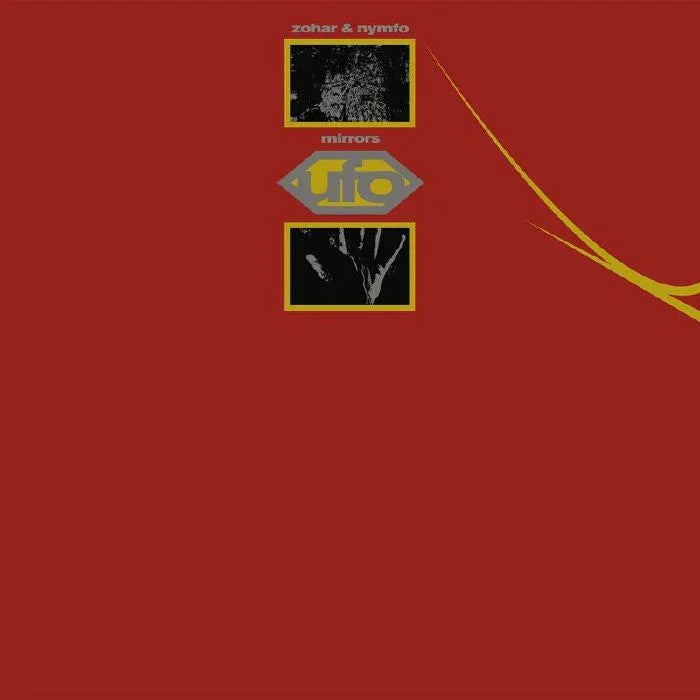Minimalist red album cover with abstract yellow design, hand print, and zohar & nymfo mirrors text