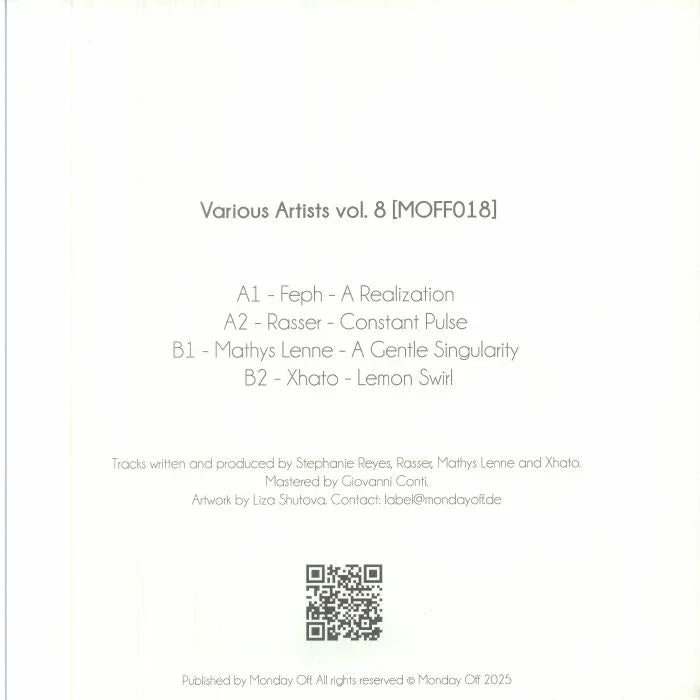 Minimalist record cover for Various Artists vol. 8 MOFF018 with tracklist and QR code