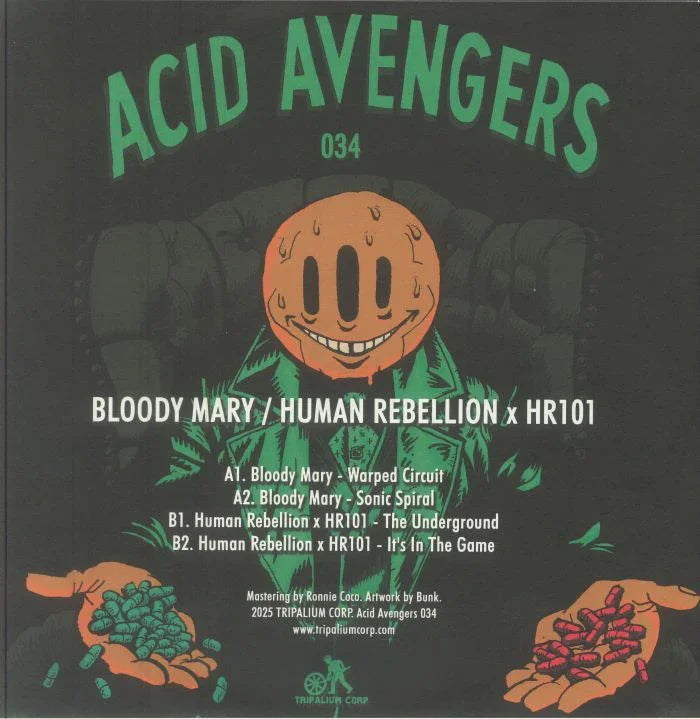 Acid Avengers album cover featuring a smiling orange head character in a green jacket, with tracklist.