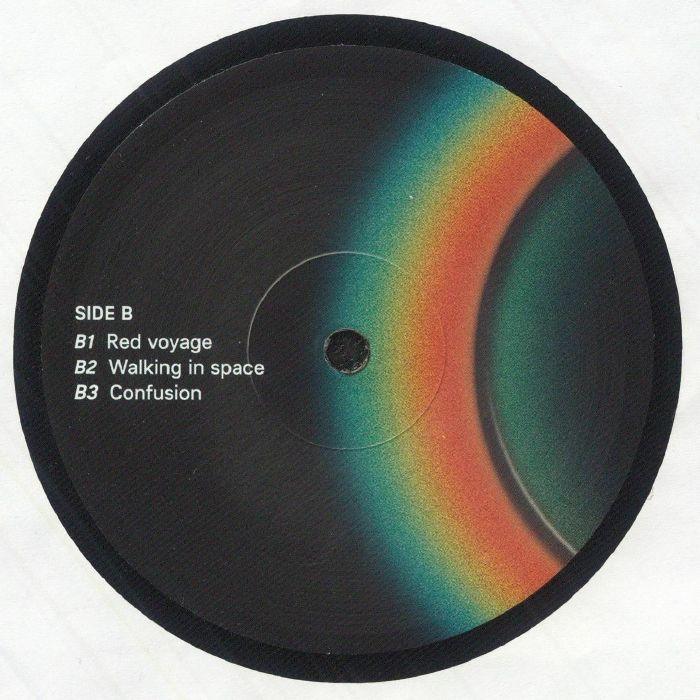 Vinyl record side B with rainbow arc design and tracklist: Red voyage, Walking in space, Confusion