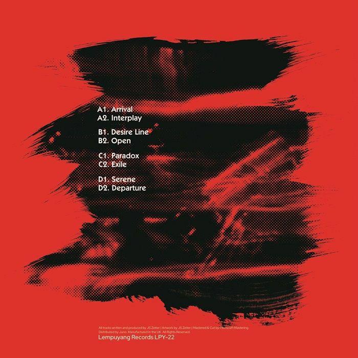 Abstract red and black vinyl record cover with white tracklist text in center