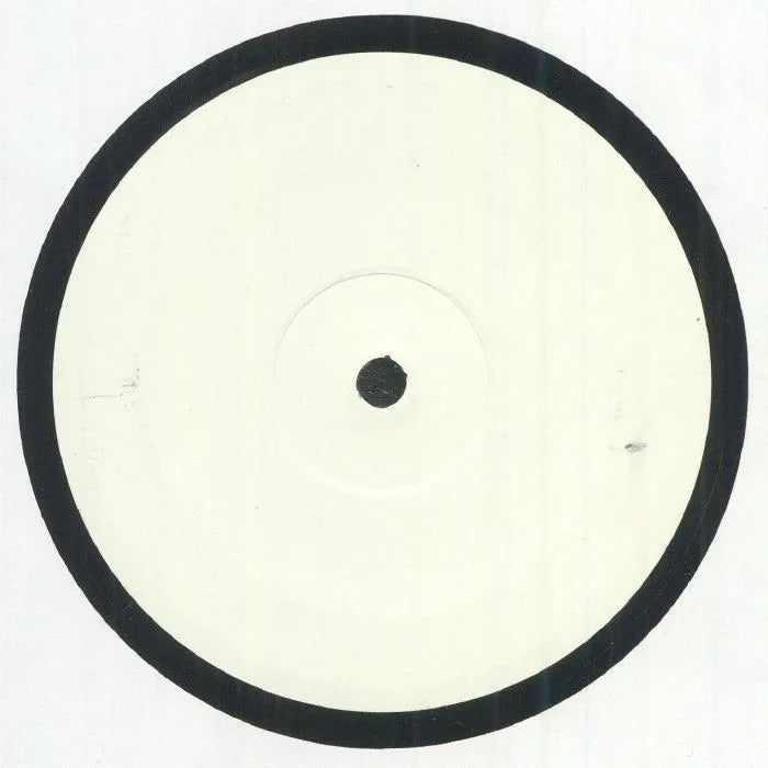 Blank white label vinyl record with black outer ring on white background