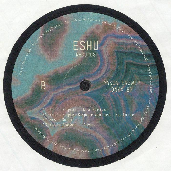 Vinyl record label for Yasin Engwer Onyx EP from ESHU Records with abstract background